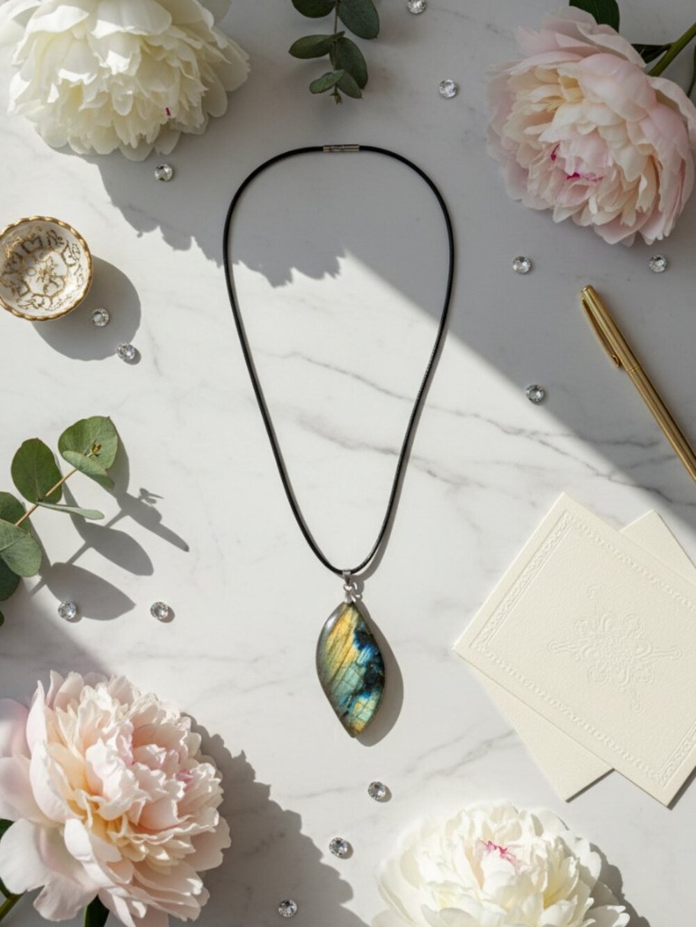 Natural Labradorite Crystal Necklace Raw Stone Pendant, Leather Cord Unisex Boho